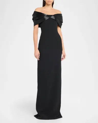 Pamella Roland Liquid Satin Off-The-Shoulder Crepe Gown | Thumbnail 4