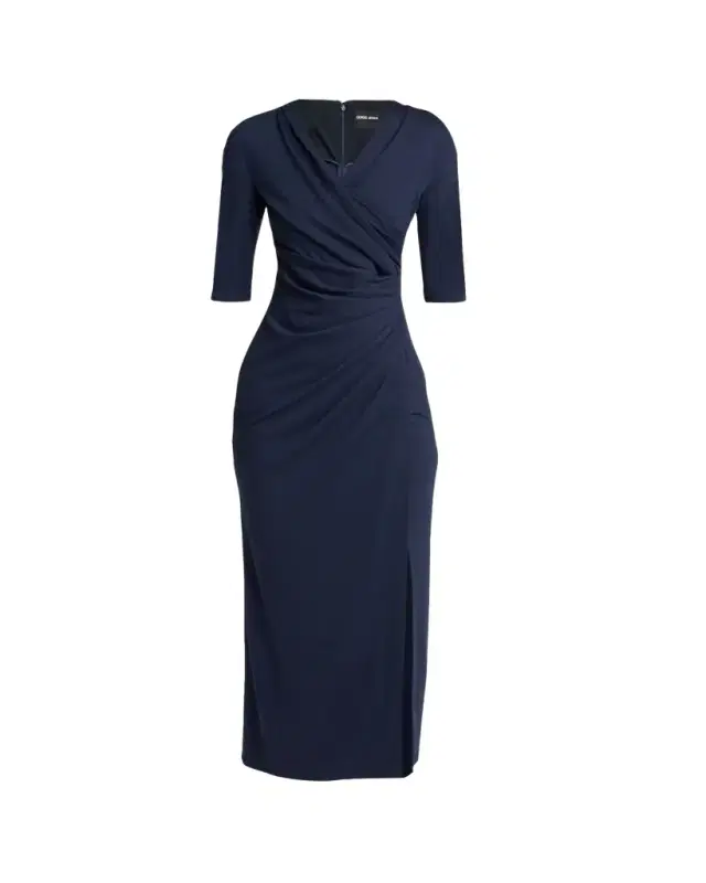 Giorgio Armani Elbow-Sleeve Draped Slit Midi Dress