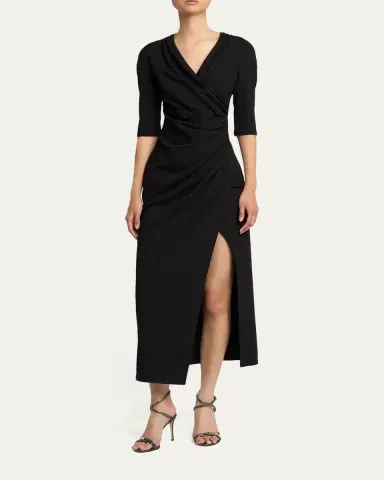 Giorgio Armani Elbow-Sleeve Draped Crepe Slit Midi Dress | Thumbnail 2 Giorgio Armani Elbow-Sleeve Draped Crepe Slit Midi Dress | Thumbnail 2