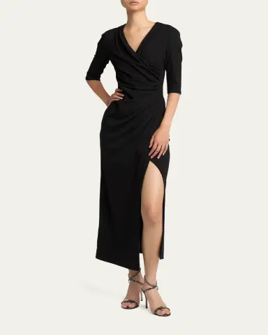 Giorgio Armani Elbow-Sleeve Draped Crepe Slit Midi Dress | Thumbnail 4 Giorgio Armani Elbow-Sleeve Draped Crepe Slit Midi Dress | Thumbnail 4