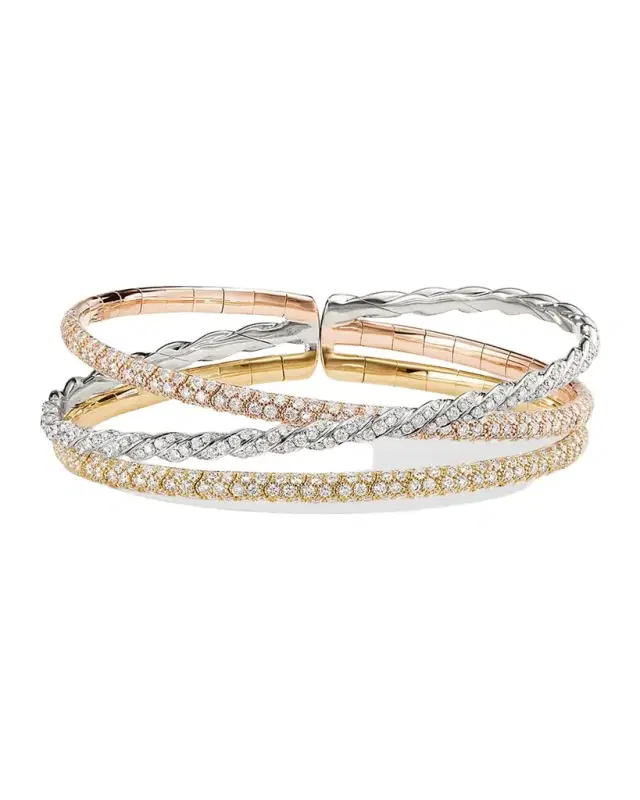 Sculpted Cable Three-Row Bracelet with Diamonds in 18K Gold