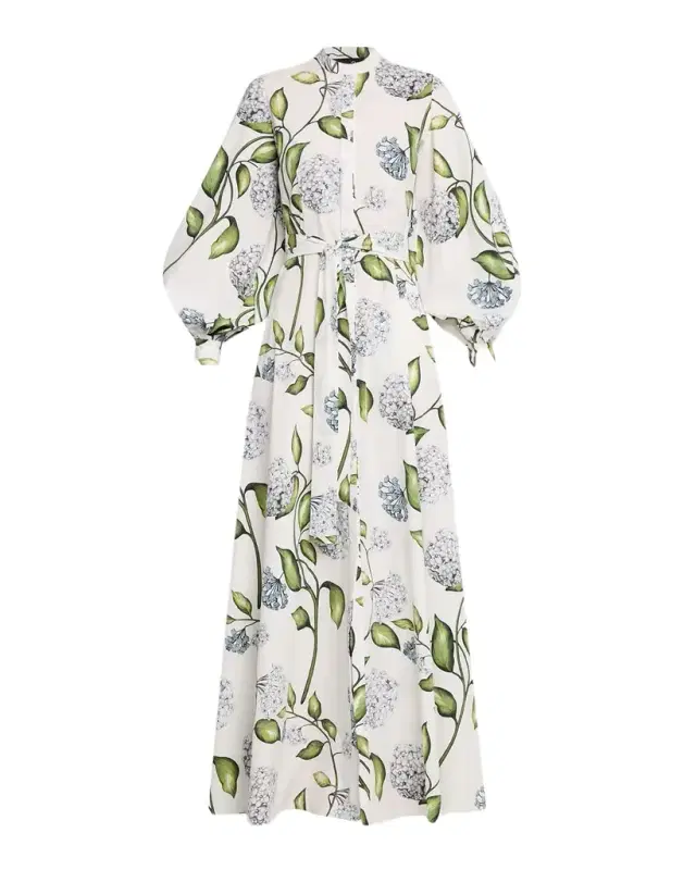 Long-Sleeve Porcelain Flower Cotton Poplin Maxi Shirtdress