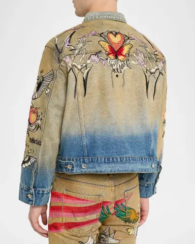 WHO DECIDES WAR Men's Dove Embroidered Denim Trucker Jacket | Thumbnail 3