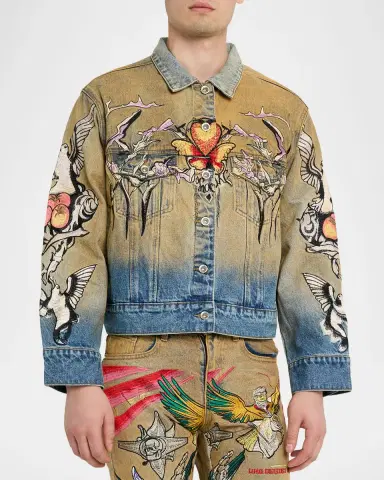 WHO DECIDES WAR Men's Dove Embroidered Denim Trucker Jacket | Thumbnail 4