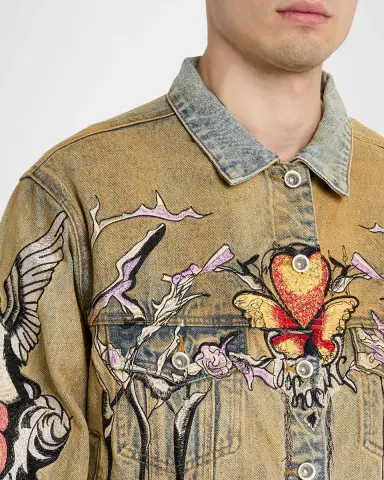WHO DECIDES WAR Men's Dove Embroidered Denim Trucker Jacket | Thumbnail 5