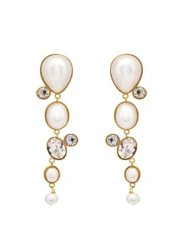 Oscar de la Renta Pearly Cabochon and Rhinestone Drop Clip-On Earrings