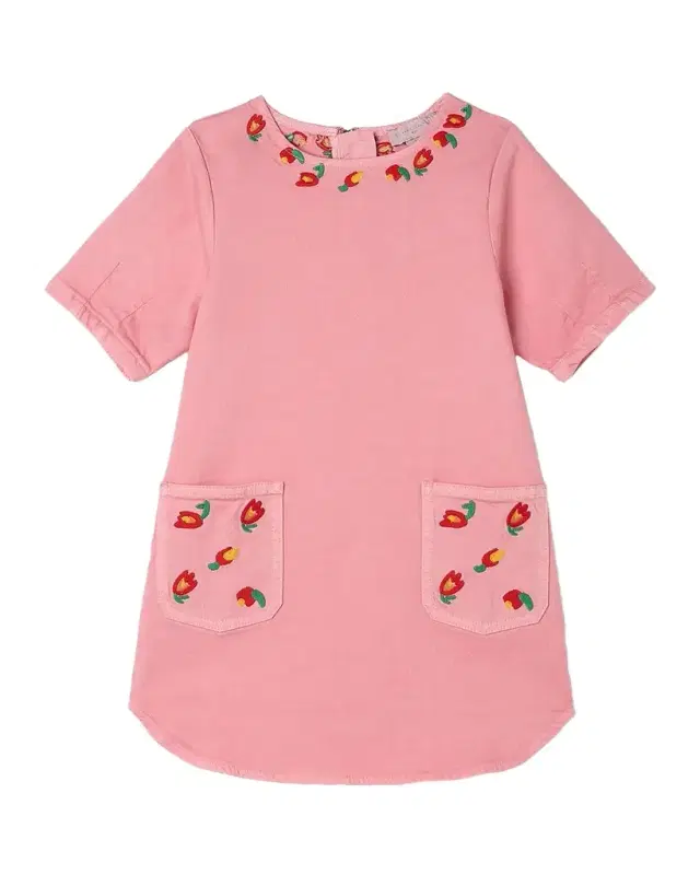 Girl 's Short-Sleeve Embroidered Gabardine Dress, Size 4-12