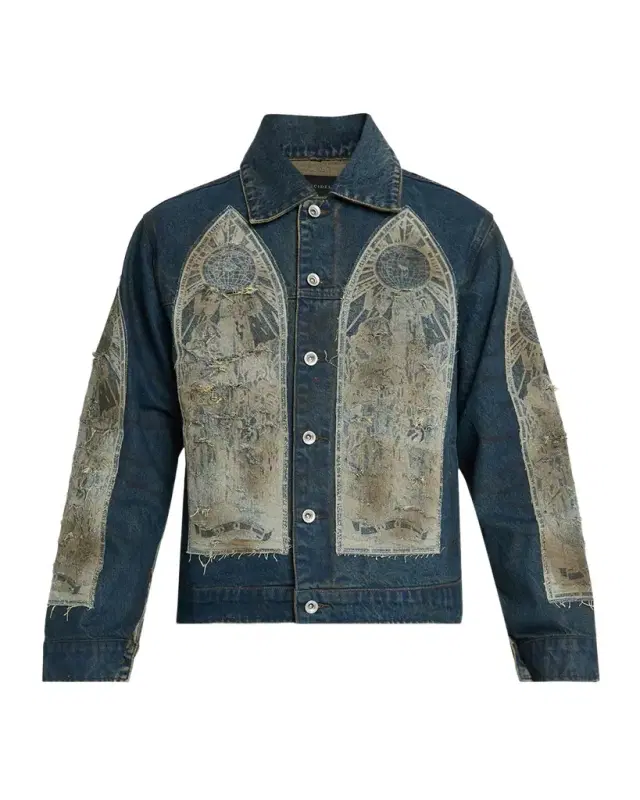 Men 's Mechanic Embroidered Patchwork Trucker Jacket