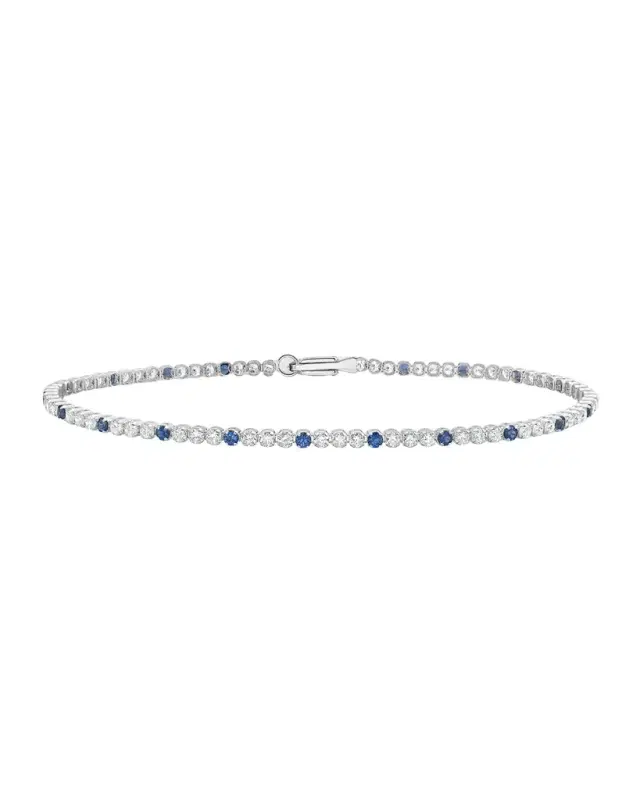 18K White Gold Alternating Diamond Trio and Blue Sapphire Bracelet, 7"L