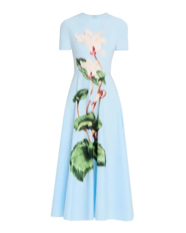 Short-Sleeve Chine Cyclamen Cotton Poplin Midi Dress