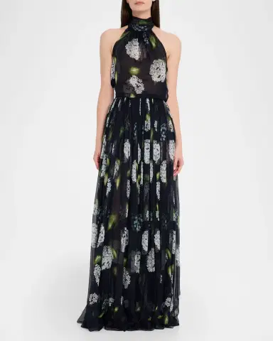 Oscar de la Renta Porcelain Flower Chiffon Halter Maxi Dress | Thumbnail 2 Oscar de la Renta Porcelain Flower Chiffon Halter Maxi Dress | Thumbnail 2