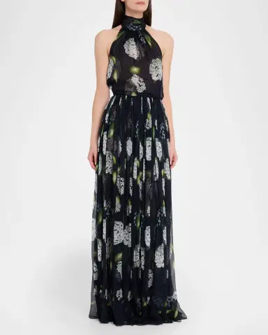 Oscar de la Renta Porcelain Flower Chiffon Halter Maxi Dress | Thumbnail 4 Oscar de la Renta Porcelain Flower Chiffon Halter Maxi Dress | Thumbnail 4