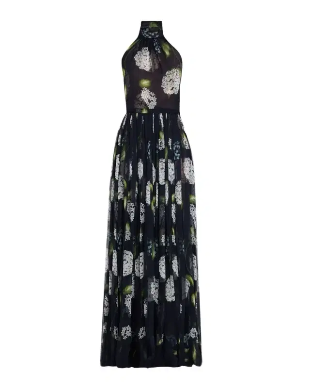 Porcelain Flower Chiffon Halter Maxi Dress