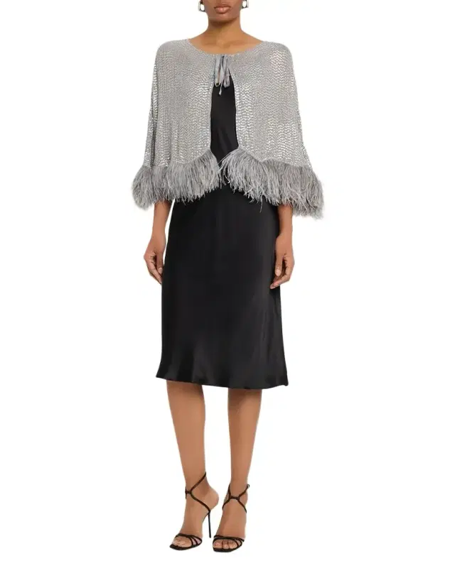 Carolyn Rowan Feather-Hem Beaded Silk Chiffon Cape