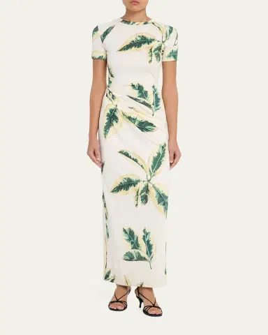 Oscar de la Renta Short-Sleeve Ficus-Print Draped Maxi Dress | Thumbnail 2 Oscar de la Renta Short-Sleeve Ficus-Print Draped Maxi Dress | Thumbnail 2