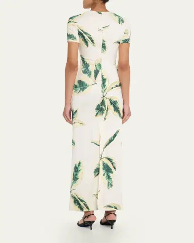 Oscar de la Renta Short-Sleeve Ficus-Print Draped Maxi Dress | Thumbnail 3 Oscar de la Renta Short-Sleeve Ficus-Print Draped Maxi Dress | Thumbnail 3