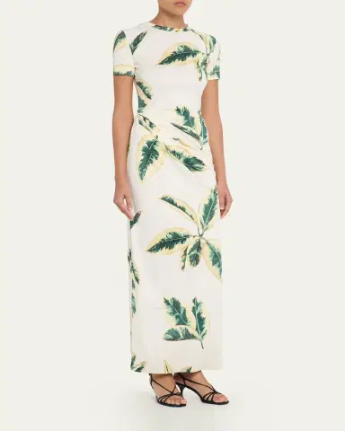 Oscar de la Renta Short-Sleeve Ficus-Print Draped Maxi Dress | Thumbnail 4 Oscar de la Renta Short-Sleeve Ficus-Print Draped Maxi Dress | Thumbnail 4