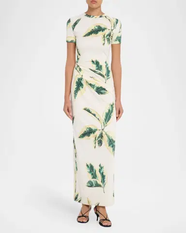 Oscar de la Renta Short-Sleeve Ficus-Print Draped Maxi Dress | Thumbnail 6 Oscar de la Renta Short-Sleeve Ficus-Print Draped Maxi Dress | Thumbnail 6