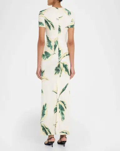 Oscar de la Renta Short-Sleeve Ficus-Print Draped Maxi Dress | Thumbnail 7 Oscar de la Renta Short-Sleeve Ficus-Print Draped Maxi Dress | Thumbnail 7