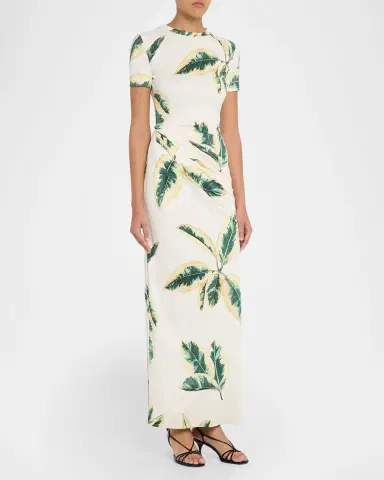 Oscar de la Renta Short-Sleeve Ficus-Print Draped Maxi Dress | Thumbnail 8 Oscar de la Renta Short-Sleeve Ficus-Print Draped Maxi Dress | Thumbnail 8