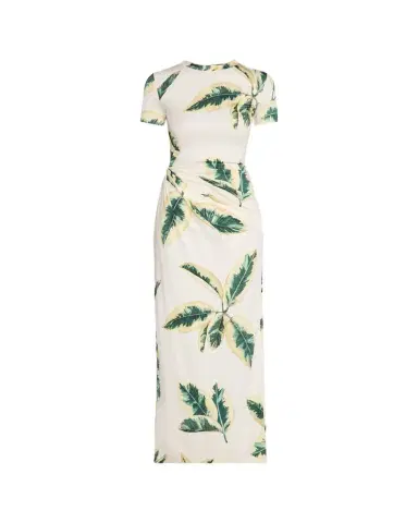 Oscar de la Renta Short-Sleeve Ficus-Print Draped Maxi Dress | Thumbnail 1 Oscar de la Renta Short-Sleeve Ficus-Print Draped Maxi Dress | Thumbnail 1