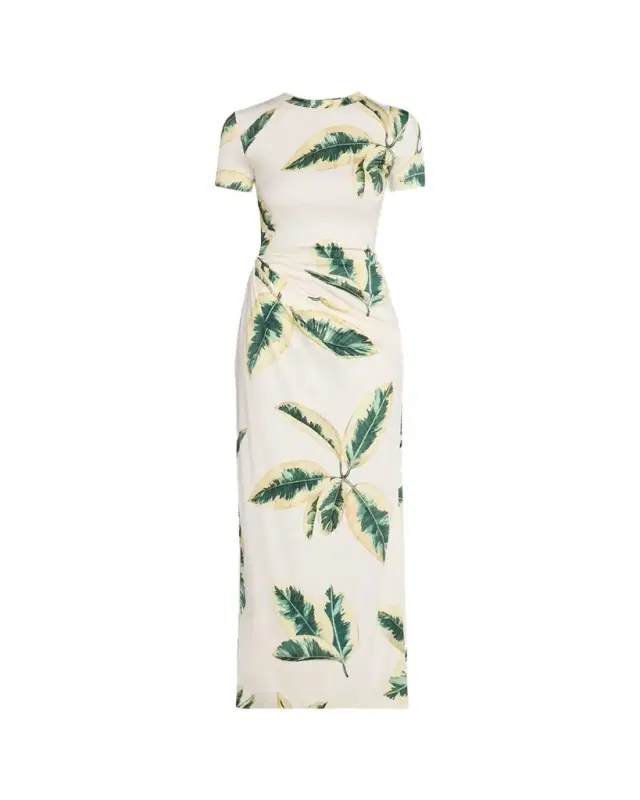 Oscar de la Renta Short-Sleeve Ficus-Print Draped Maxi Dress