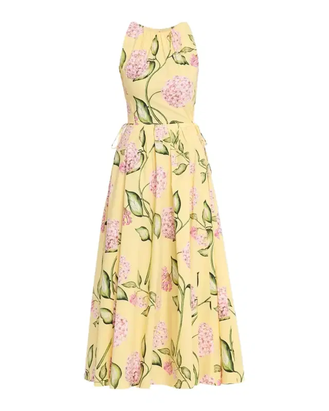 Sleeveless Porcelain Flower Waist-Tie Midi Dress