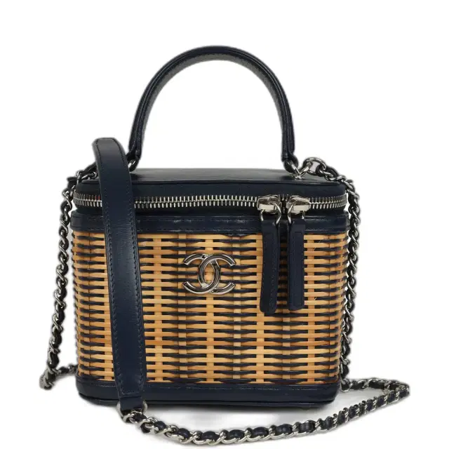 Pre-owned Chanel Small Top Handle Vanity Case Beige Raffia and Navy Calfskin Silver Hardware
