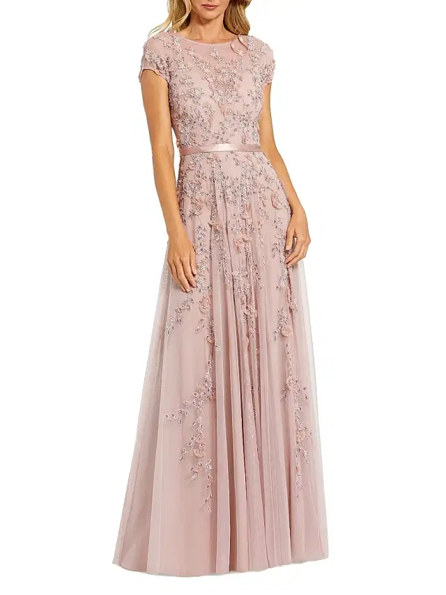 Mac Duggal Women's Petite Floral Applique Chiffon A-Line Gown - Mocha Petite 14