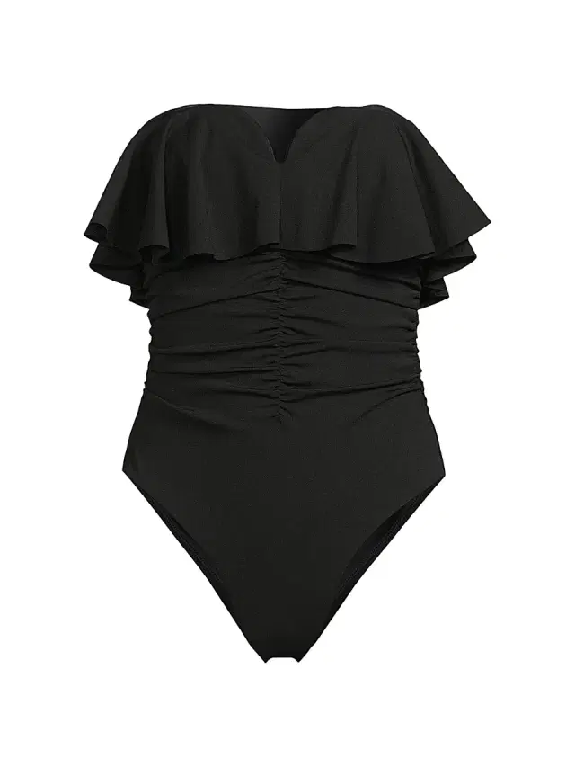 Women's Glossy Strapless Ruffle One-Piece Swimsuit - Black
