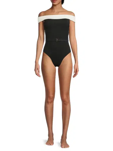 Milly Women's Off-The-Shoulder One-Piece Swimsuit - Black White - Size Large | Thumbnail 2 Milly Women's Off-The-Shoulder One-Piece Swimsuit - Black White - Size Large | Thumbnail 2