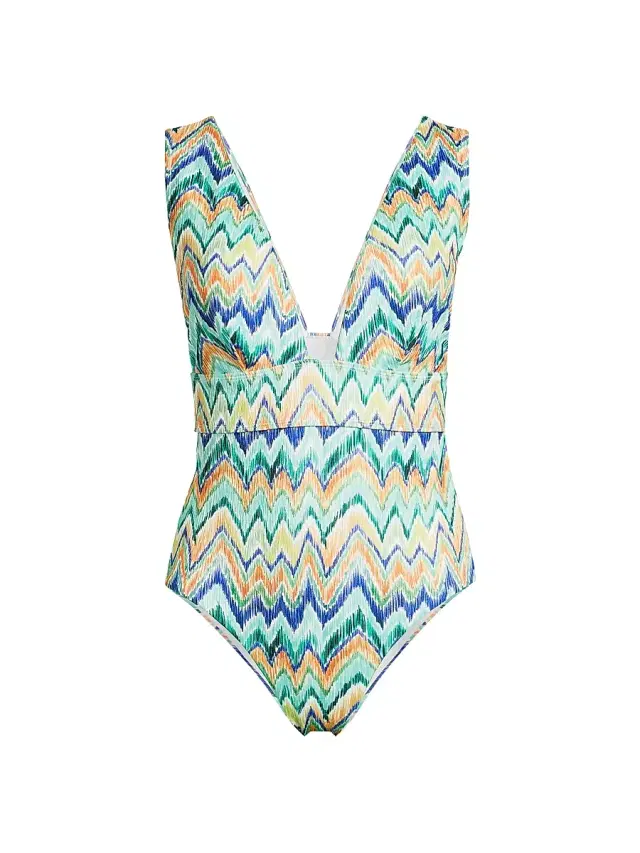 Women's Chevron V-Neck One-Piece Swimsuit - Tropical Multi