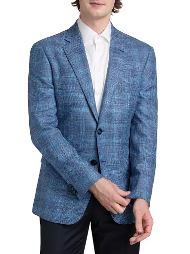 Giorgio Armani Men's Micro Check Wool-Silk-Linen Sport Coat - Light Blue - Size 46 | Thumbnail 3