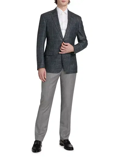 Giorgio Armani Men's Plaid Wool-Silk-Linen Sport Coat - Blue Charcoal | Thumbnail 2 Giorgio Armani Men's Plaid Wool-Silk-Linen Sport Coat - Blue Charcoal | Thumbnail 2