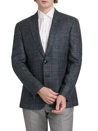Giorgio Armani Men's Plaid Wool-Silk-Linen Sport Coat - Blue Charcoal | Thumbnail 3 Giorgio Armani Men's Plaid Wool-Silk-Linen Sport Coat - Blue Charcoal | Thumbnail 3