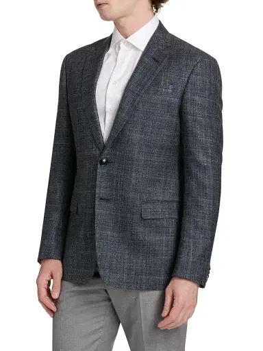 Giorgio Armani Men's Plaid Wool-Silk-Linen Sport Coat - Blue Charcoal | Thumbnail 4 Giorgio Armani Men's Plaid Wool-Silk-Linen Sport Coat - Blue Charcoal | Thumbnail 4