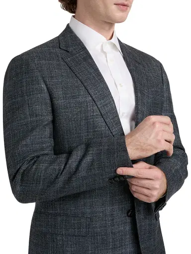 Giorgio Armani Men's Plaid Wool-Silk-Linen Sport Coat - Blue Charcoal | Thumbnail 6 Giorgio Armani Men's Plaid Wool-Silk-Linen Sport Coat - Blue Charcoal | Thumbnail 6
