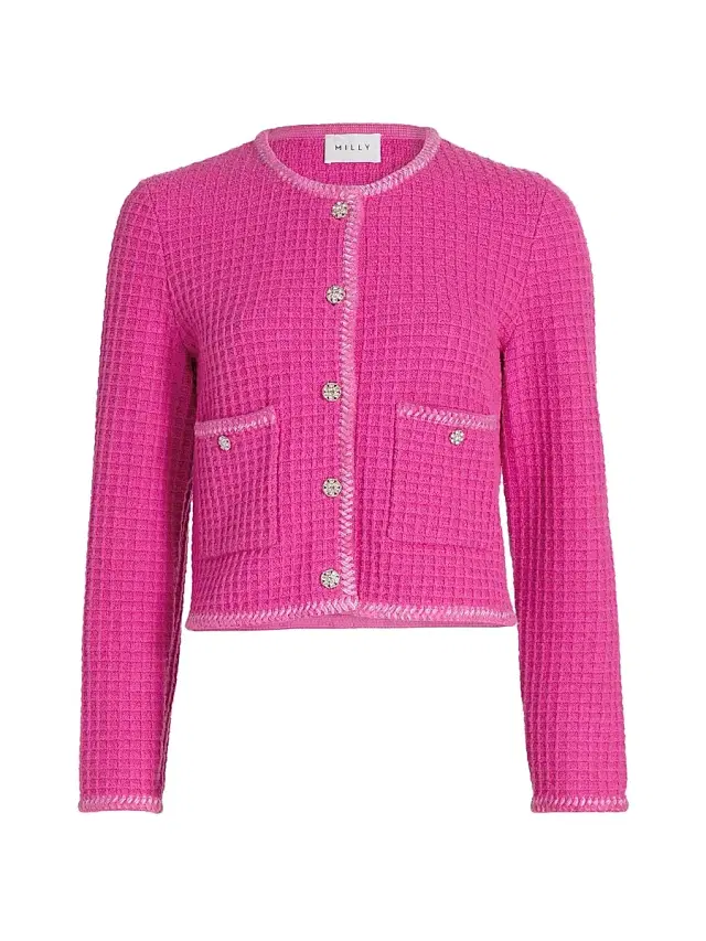Milly Women's Sade Waffle-Knit Crewneck Cardigan - Pink