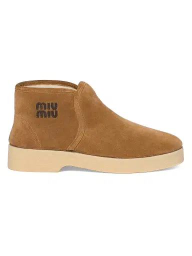 Miu Miu Women's Suede and Shearling Slip-On Booties - Brown | Thumbnail 1 Miu Miu Women's Suede and Shearling Slip-On Booties - Brown | Thumbnail 1
