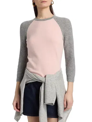 Guest In Residence Women's Cashmere Baseball T-Shirt - Powder Pink Heather Grey | Thumbnail 3