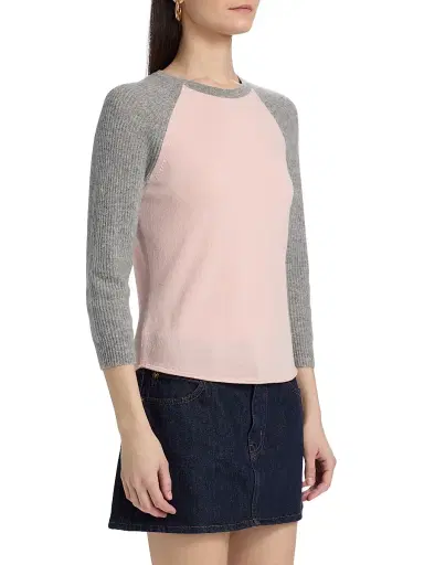 Guest In Residence Women's Cashmere Baseball T-Shirt - Powder Pink Heather Grey | Thumbnail 4