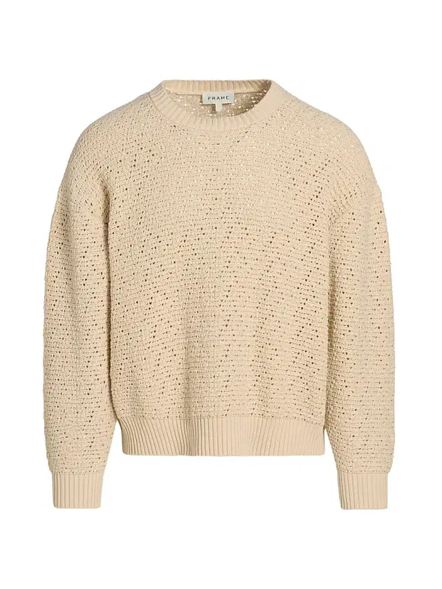 Men's Crochet Relaxed-Fit Crewneck Sweater - Light Stone