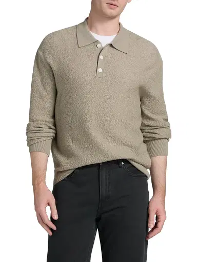 FRAME Men's Textured Wool Long-Sleeve Polo Sweater - Warm Grey | Thumbnail 3