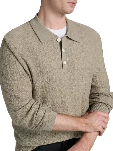 FRAME Men's Textured Wool Long-Sleeve Polo Sweater - Warm Grey | Thumbnail 6