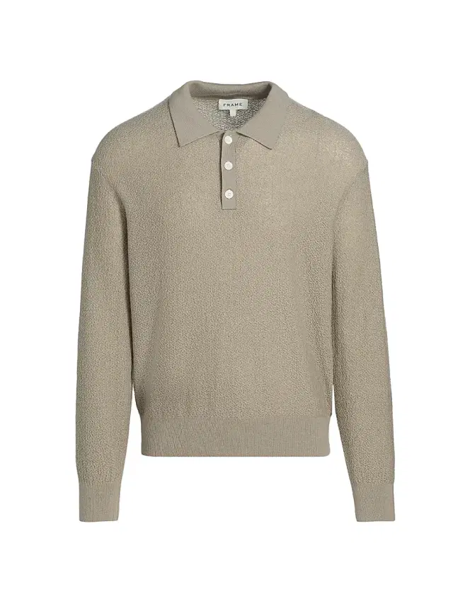 Men's Textured Wool Long-Sleeve Polo Sweater - Warm Grey