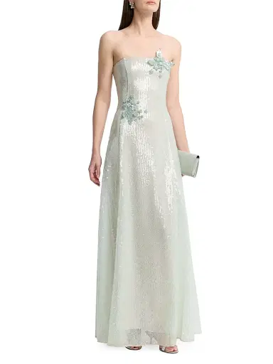 Oscar de la Renta Women's Appliqué Sequined Strapless Gown - Frosted Mint | Thumbnail 3 Oscar de la Renta Women's Appliqué Sequined Strapless Gown - Frosted Mint | Thumbnail 3