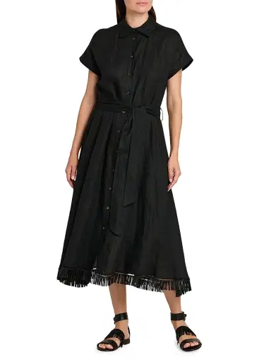 Kiton Women's Linen Tie-Waist Midi-Shirtdress - Black | Thumbnail 2