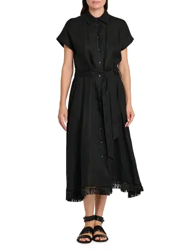Kiton Women's Linen Tie-Waist Midi-Shirtdress - Black | Thumbnail 3