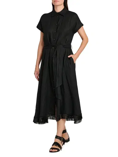 Kiton Women's Linen Tie-Waist Midi-Shirtdress - Black | Thumbnail 4