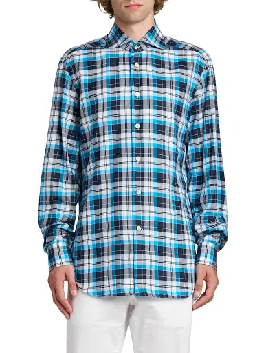 Kiton Men's Bold Plaid Cotton Shirt - Sky Blue - Size 16.5 | Thumbnail 3